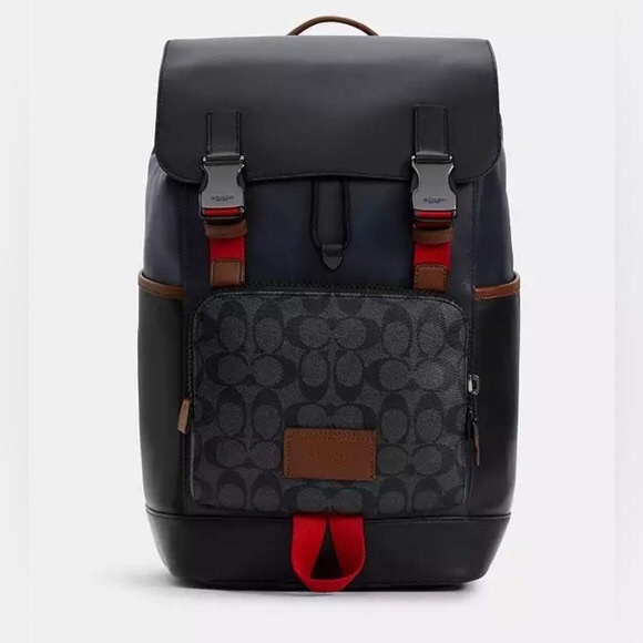 Coach Track Backpack In Colorblock Signature Canvas Black/red  Coach Patch C4139 - Picture 1 of 16